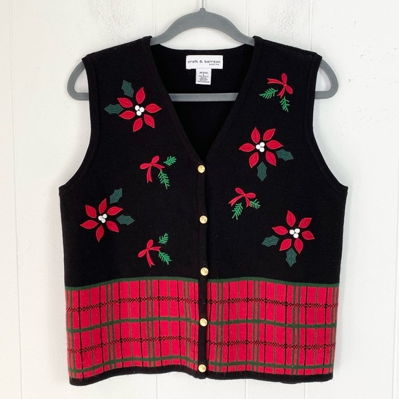 Vtg Croft & Barrow Women's Christmas Vest Size Petite L Embroidered Poinsettia - Picture 1 of 10